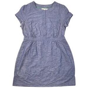 Boden Chambray Blue Cotton Linen Dress Pleated Front Short Sleeve - US 12